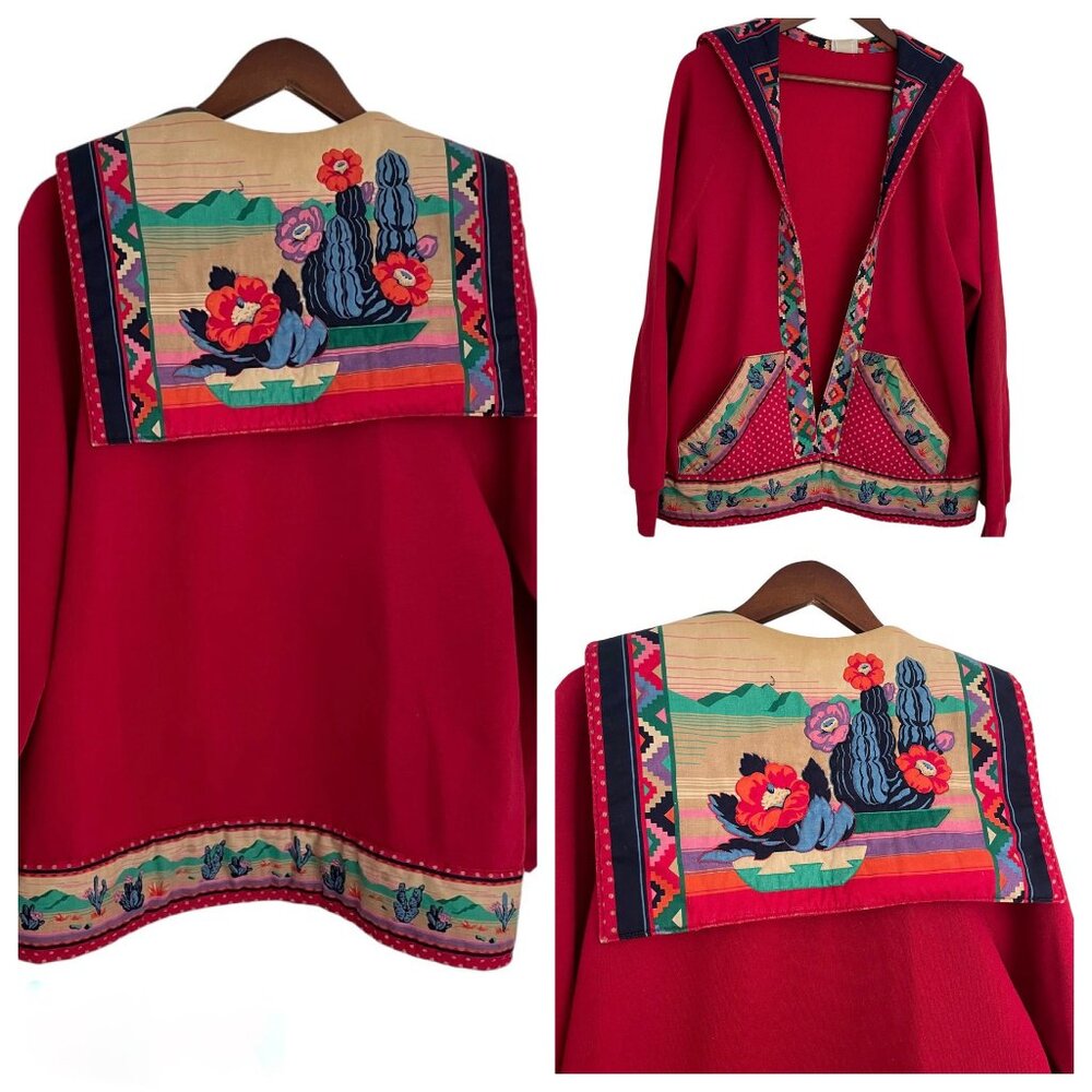 Vintage 90s Lee Southwestern Sweatshirt Jacket Xl Red Floral Cactus Open Front